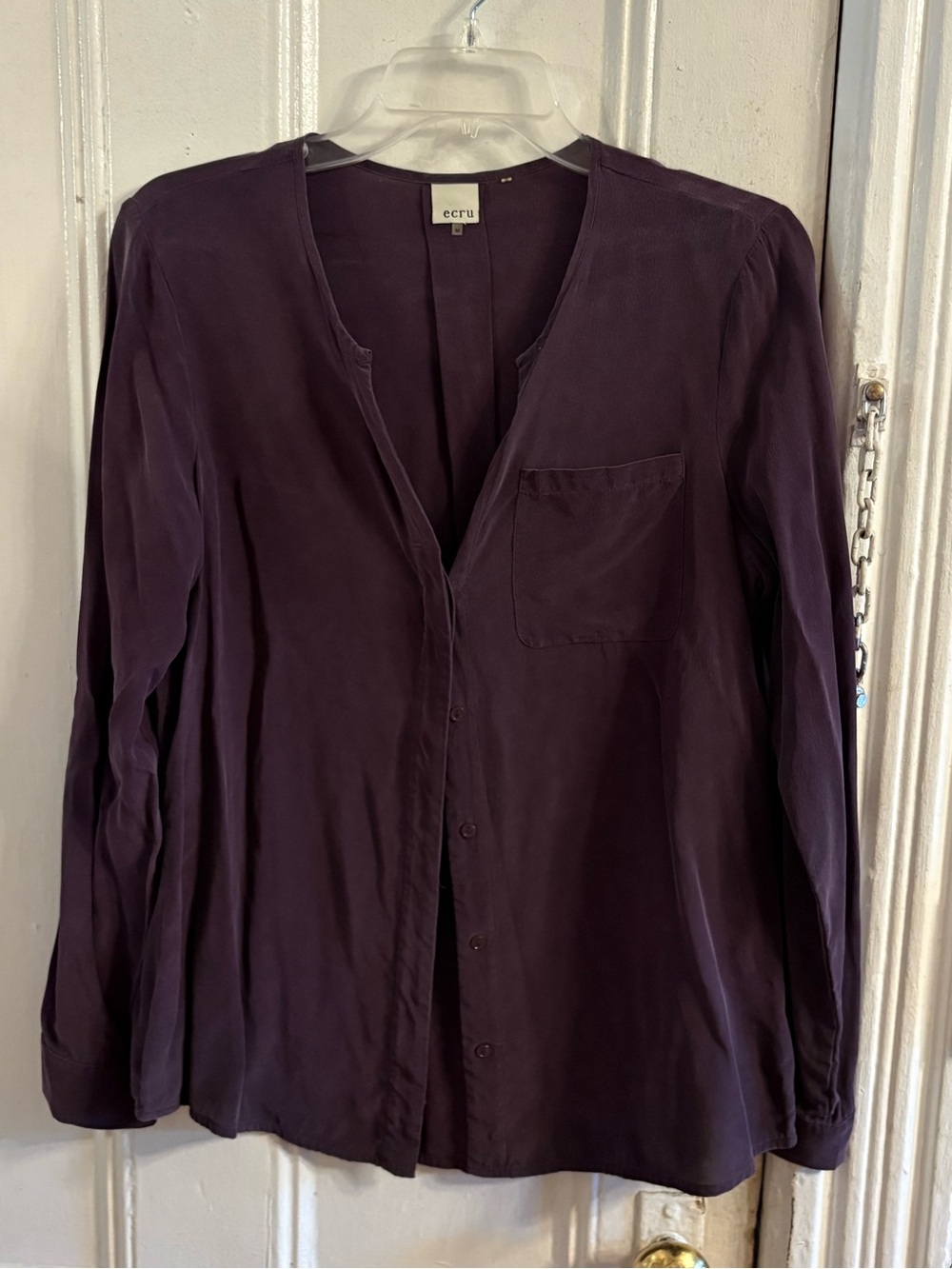 ecru Deep Plum Button-Down Long Sleeve Silk Blouse